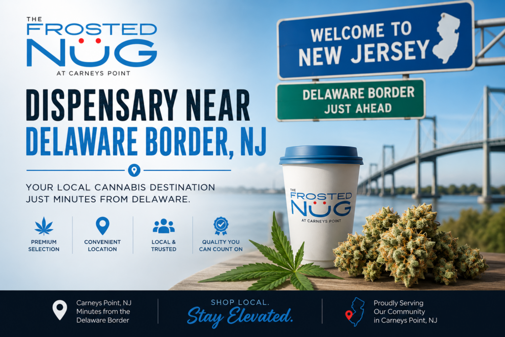 Frosted Nug Carneys Point dispensary near the Delaware border with New Jersey welcome sign, coffee cup, and cannabis flower