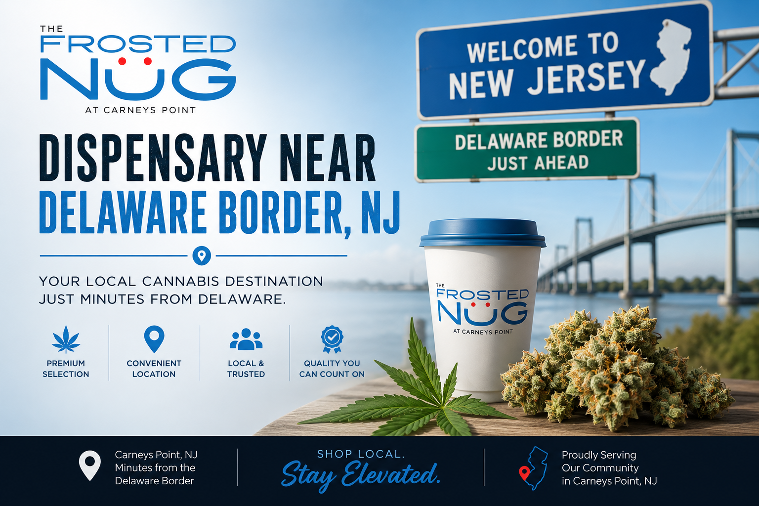 Frosted Nug Carneys Point dispensary near the Delaware border with New Jersey welcome sign, coffee cup, and cannabis flower