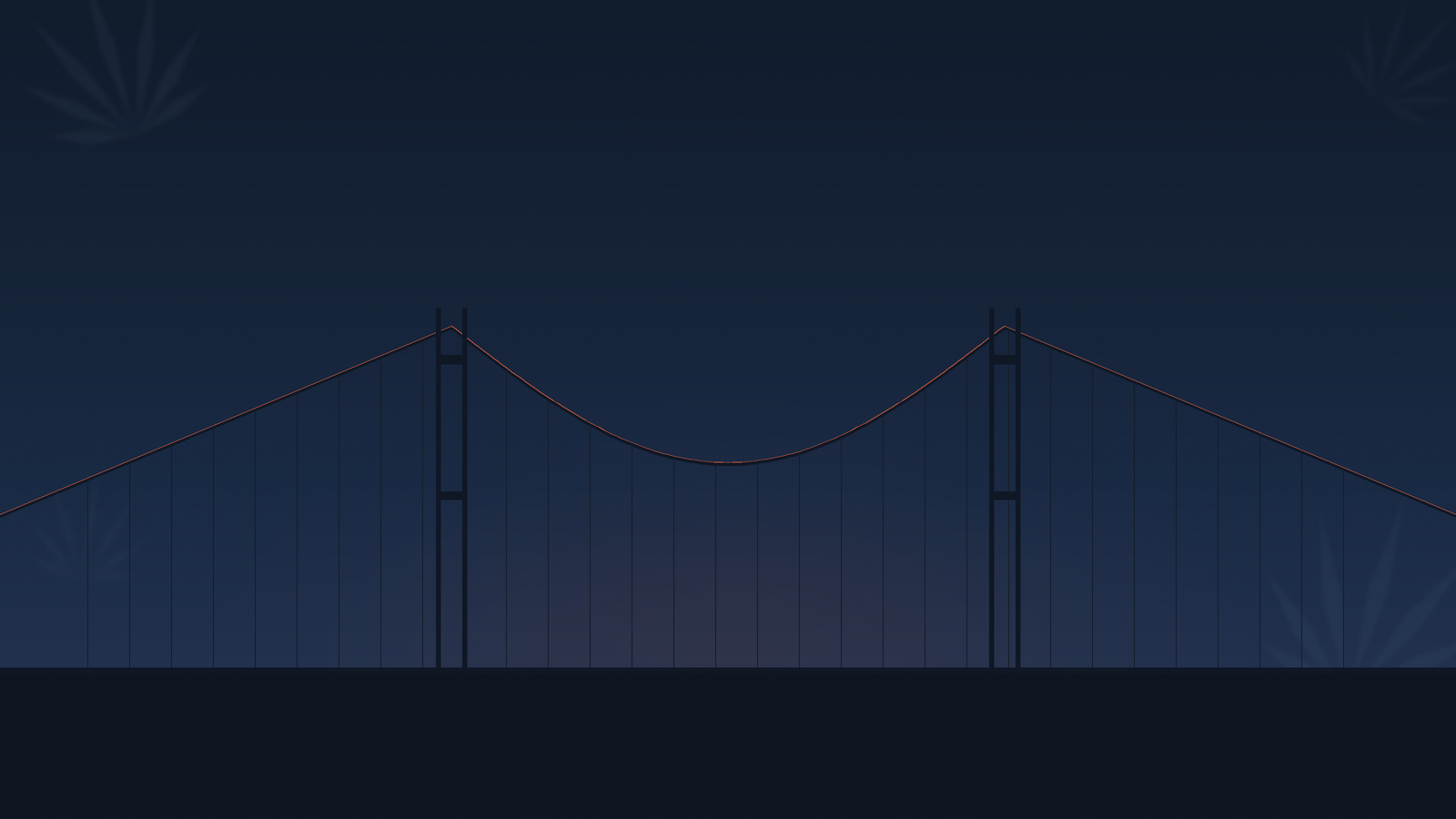 Stylized Delaware Memorial Bridge silhouette at dusk in deep navy with a warm horizon glow — The Frosted Nug, the closest NJ dispensary near the Delaware border