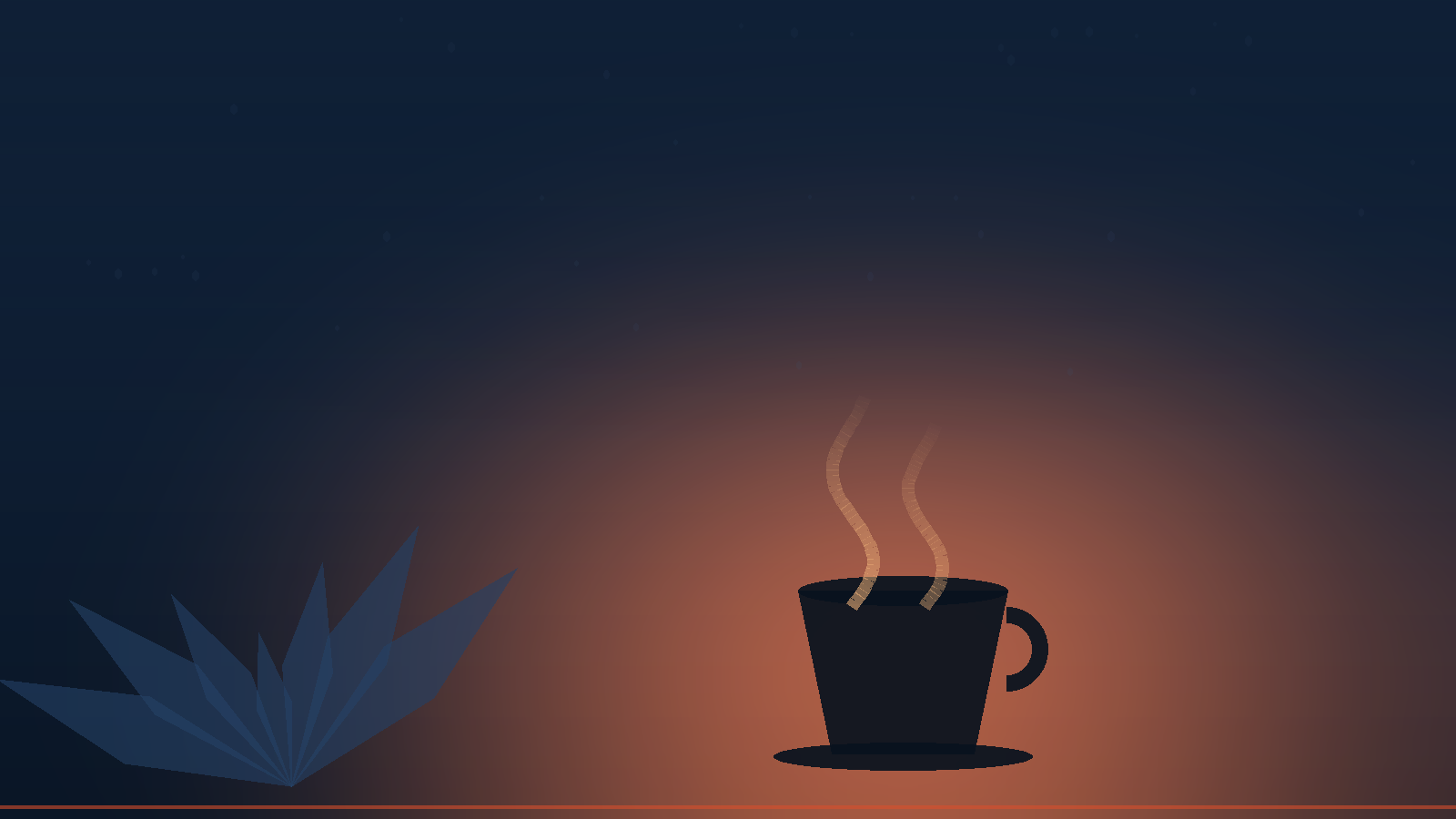 Steaming coffee cup and a cannabis leaf silhouette at dawn in deep navy — coffee and cannabis culture at The Frosted Nug in Carneys Point, NJ