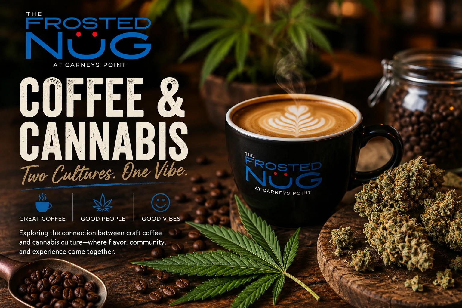 The Frosted Nug at Carneys Point — Coffee & Cannabis, Two Cultures One Vibe: a branded latte mug beside cannabis flower, coffee beans and a cannabis leaf on a wood table