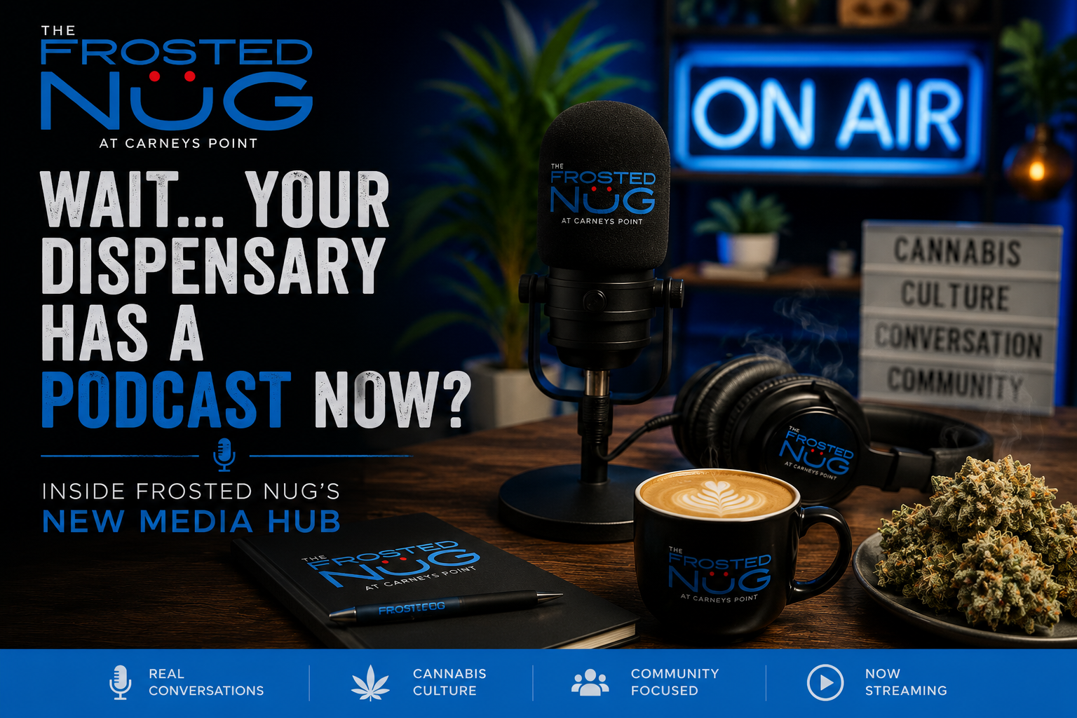 Frosted Nug podcast featured image with microphone, on air sign, coffee, and headline for the new media hub blog post