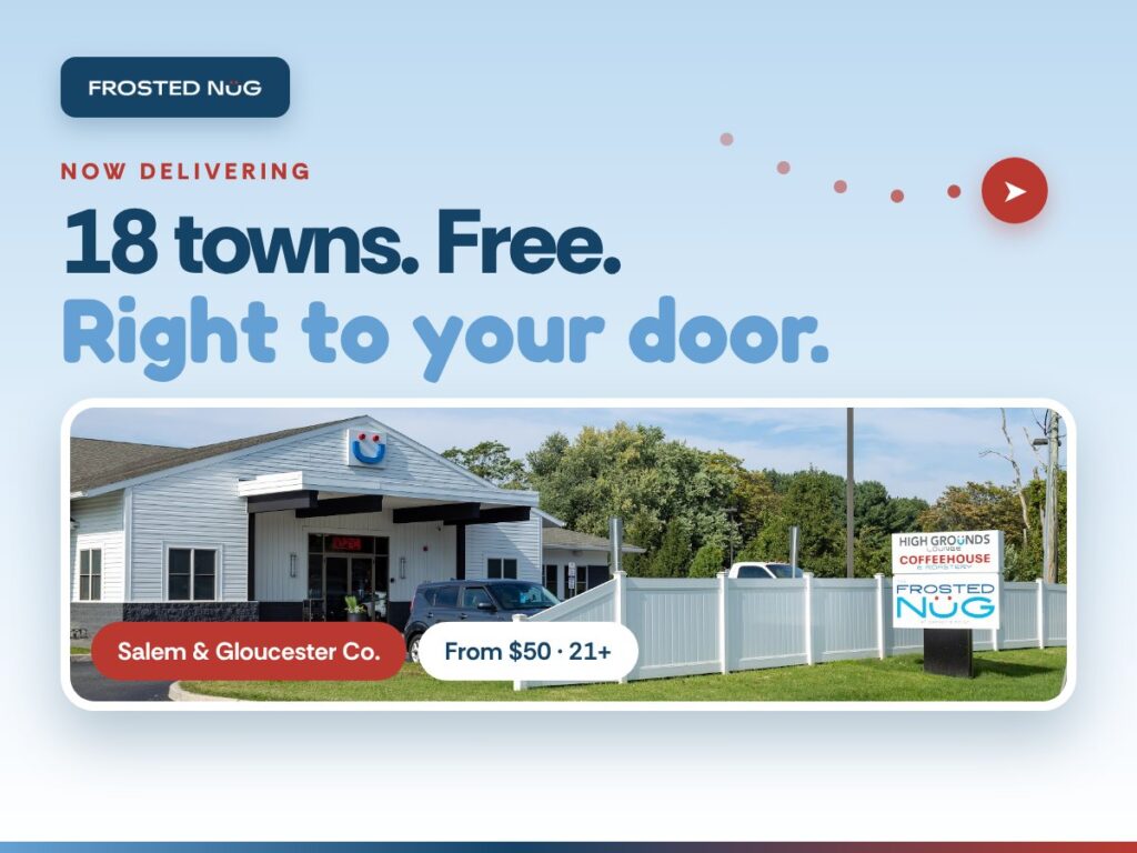 Now delivering to 18 towns, free: The Frosted Nug Carneys Point storefront on a light sky background