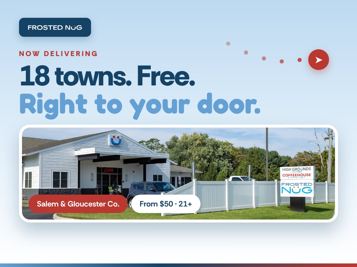 Now delivering to 18 towns, free: The Frosted Nug Carneys Point storefront on a light sky background
