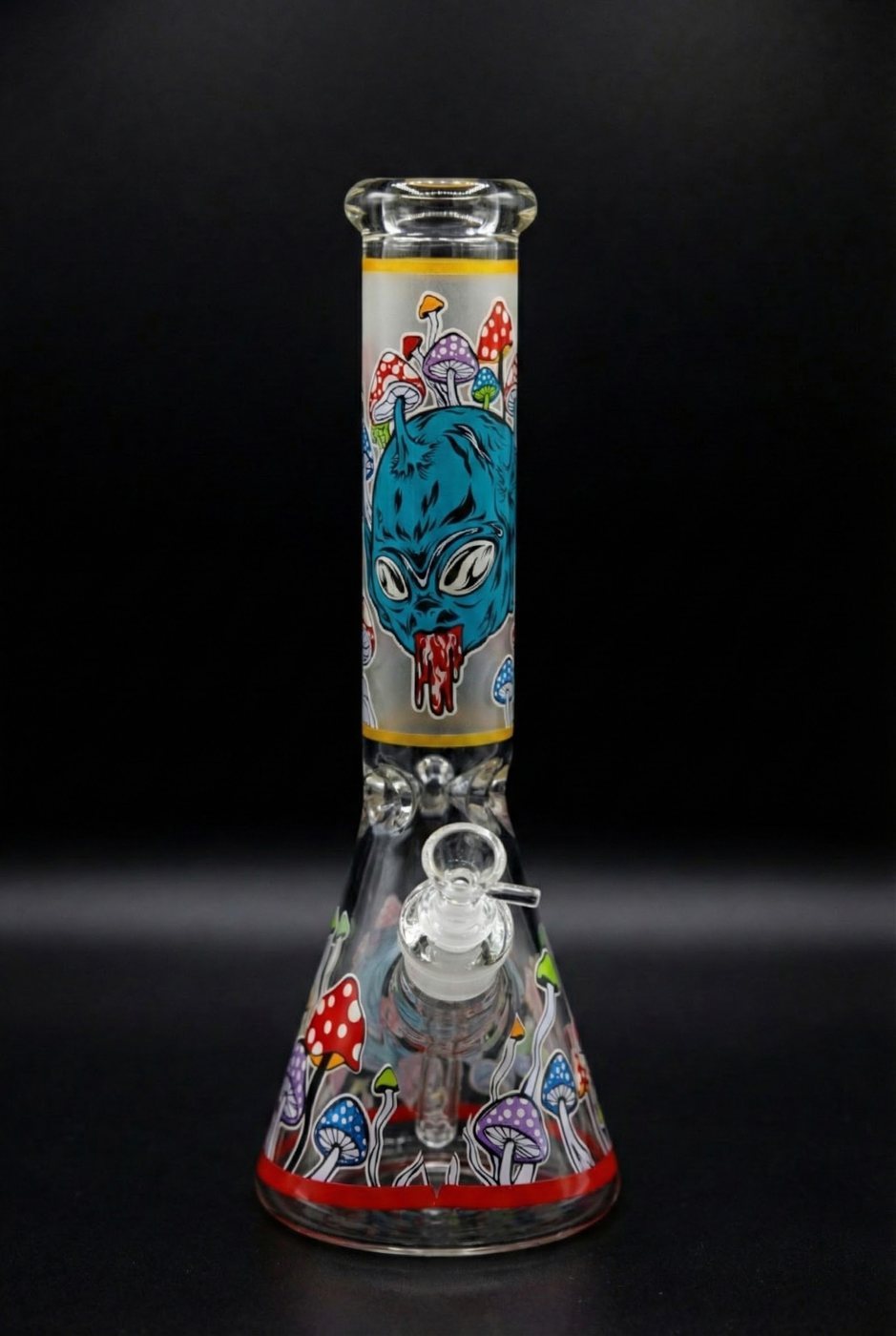 A hand-painted glass beaker bong photographed at The Frosted Nug
