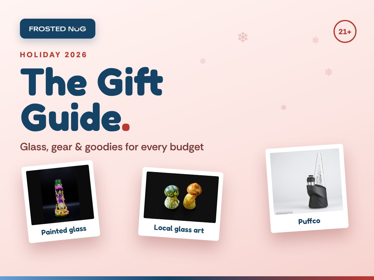 The Gift Guide holiday cover on a soft rose background with polaroids of hand-painted glass, glass mushrooms and a Puffco